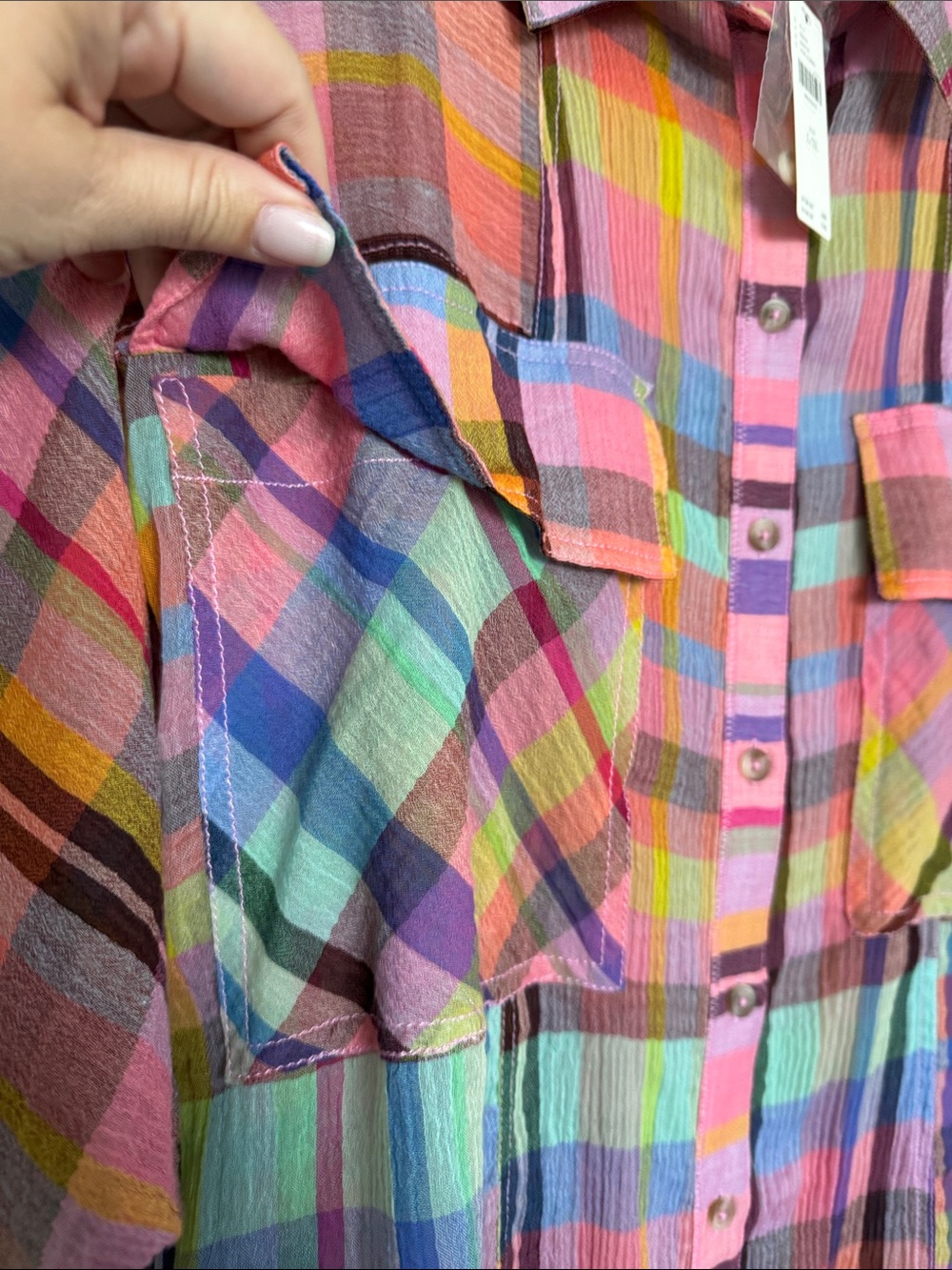 Pilcro Multicolor Plaid Button-Down Shirt - Pink, Blue, Green, Yellow - Picture 5 of 10